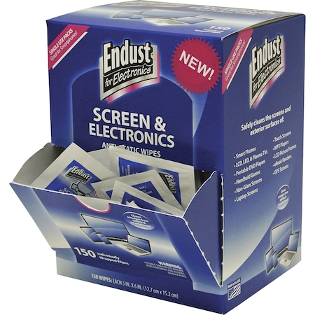 Endust Electronic Screen Wipes, Anti-Static, 5"Wx6"L, Blue, PK 150 NRZ14316